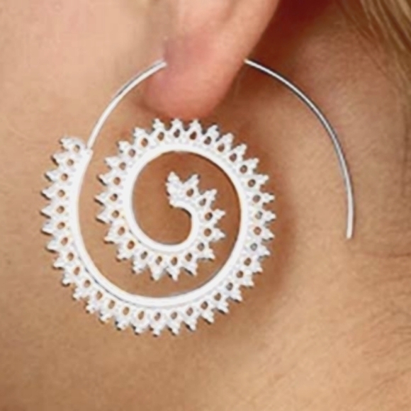 BOGO Silver Spiral Boho Lace Hoop Earrings Festival Big Swirl Hoops New - Picture 3 of 5